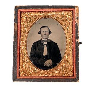 Antique Daguerreotype TinType Photograph Portrait Man Ornate Gilt Frame Embossed